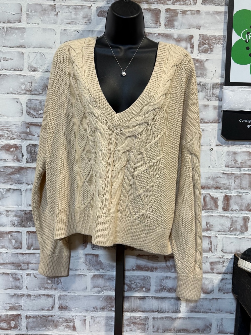 Cabi V-Neck Cable Knit Sweater - Cream